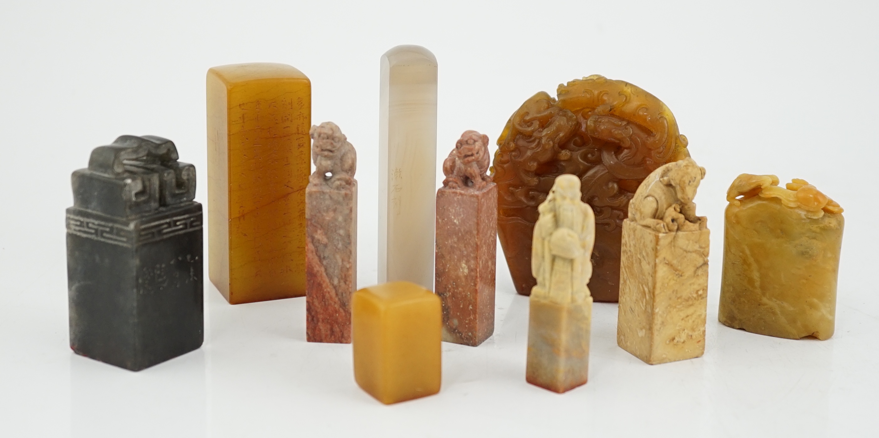 A group of nine Chinese soapstone literati seals, and a similar example in agate